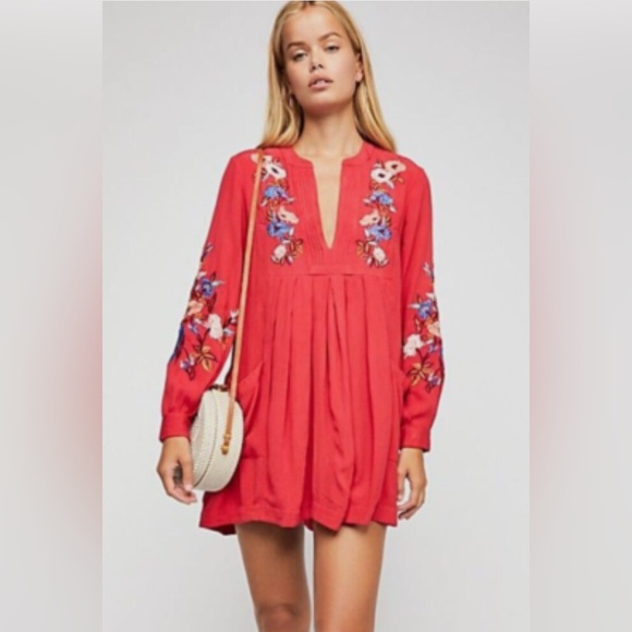 Free People Mia Embroidered Mini Dress, Red, Size XS - Picture 5 of 6